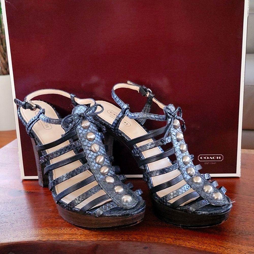 Coach Sarafina Charcoal snake skin leather platform heels.